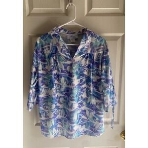 70s 60s Vintage Top Floral Purple Green Hippie Hawaiian Tie Sleeve Womens Large